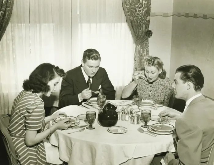 Framed Print : Two couples having dinner, (B&W) Framed Print : Two couples having dinner, (B&W)