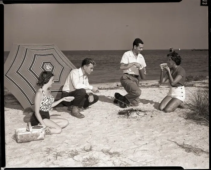 Framed Print : Couples Having Picnic on Beach Framed Print : Couples Having Picnic on Beach