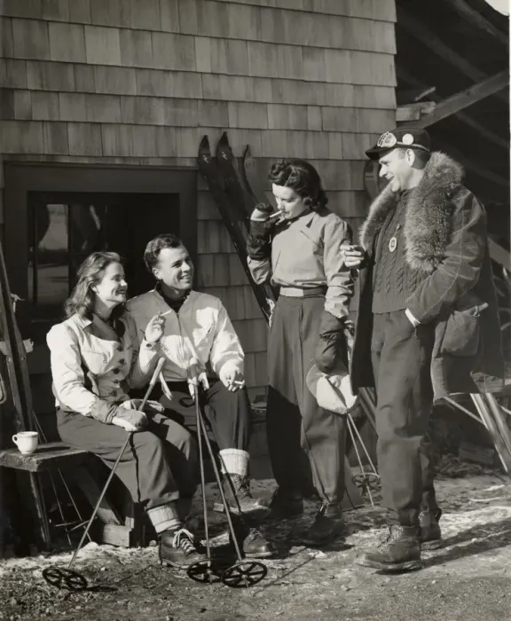 Framed Print : Two couples outside ski lodge Framed Print : Two couples outside ski lodge