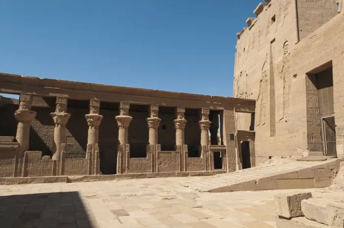 Framed Print : Courtyard flanked by colonnades at the Temple of Isis in Philae