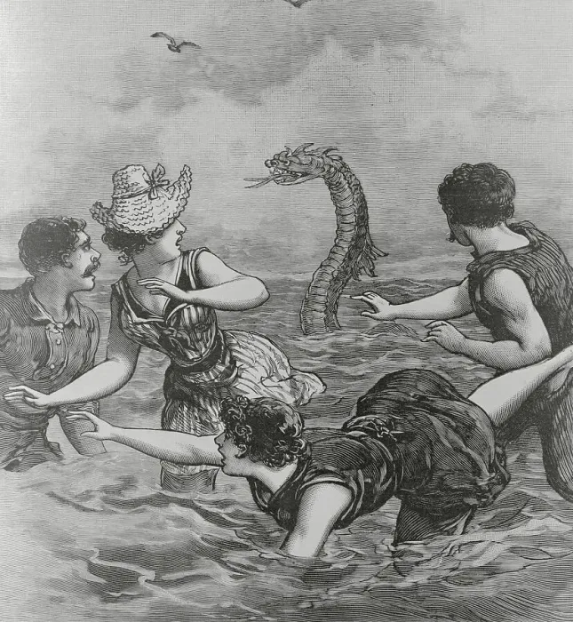 Framed Print : Cover with Beach Goers Aghast Due to Sea Reptile Framed Print : Cover with Beach Goers Aghast Due to Sea Reptile