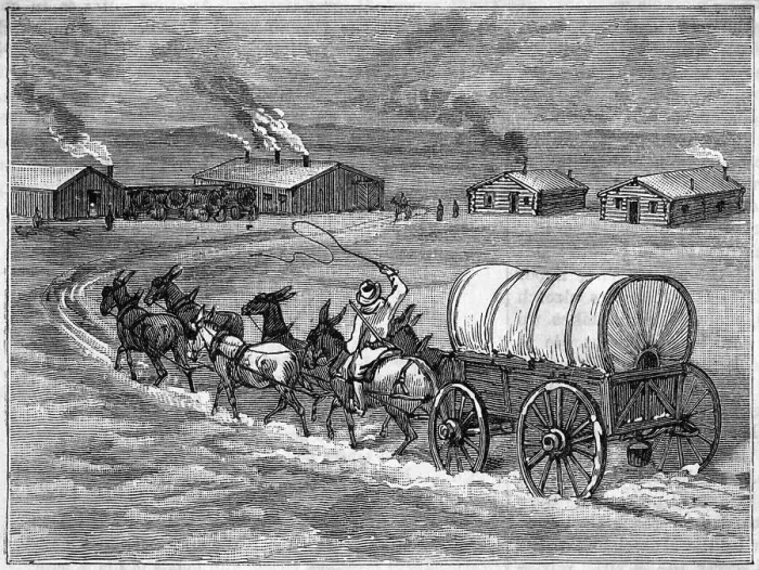 Framed Print : Covered Wagon Approaching Log Cabins Framed Print : Covered Wagon Approaching Log Cabins