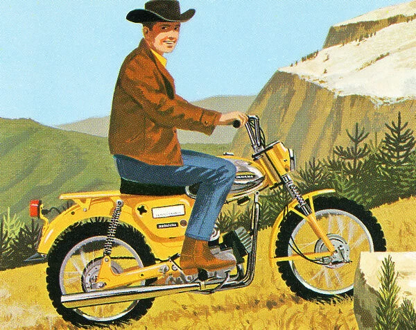 Cowboy Riding a Motorcycle in the Country