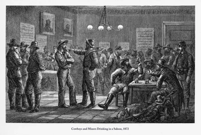 Framed Print : Cowboys and Miners Drinking in a Saloon Engraving, 1872