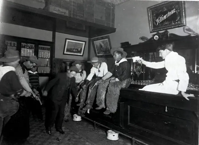 Framed Print : Cowboys Shooting in Bar, Making Man Dance Framed Print : Cowboys Shooting in Bar, Making Man Dance