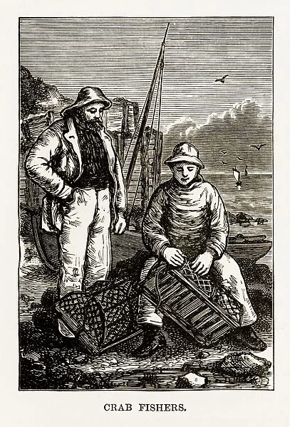 Crab Fishermen in Yorkshire, England Victorian Engraving, Circa 1840