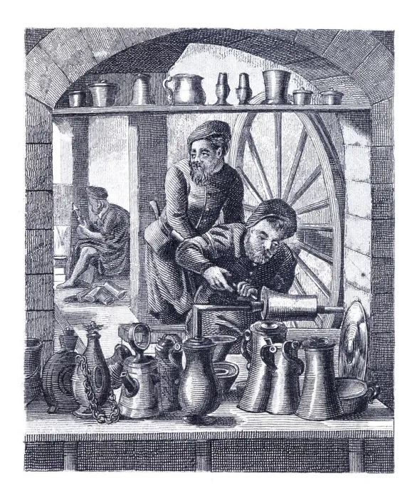 Framed Print : Craftsperson working at turning lathe with tin products 16th century Framed Print : Craftsperson working at turning lathe with tin products 16th century