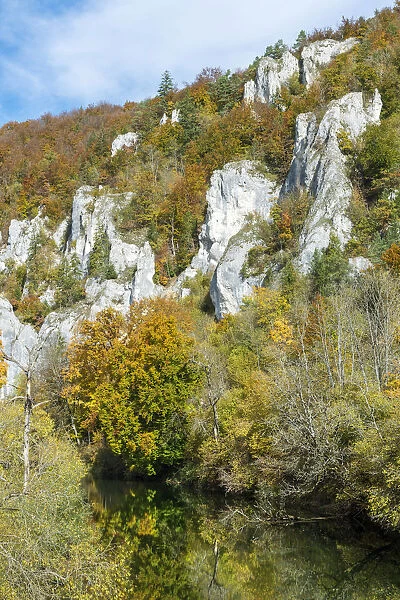 Craggy limestone rocks with a deciduous forest with autumnal colours, Danube Valley, Baden-Wuerttemberg, Germany, Europe