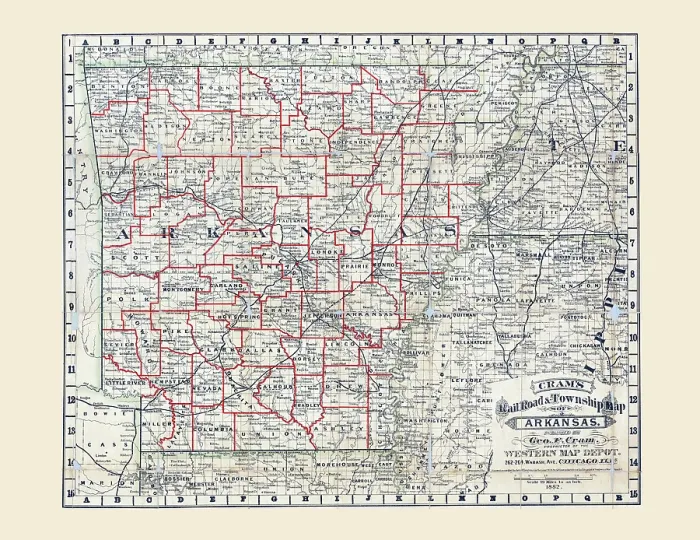 Framed Print : Cram's rail road & township map of Arkansas. 1882