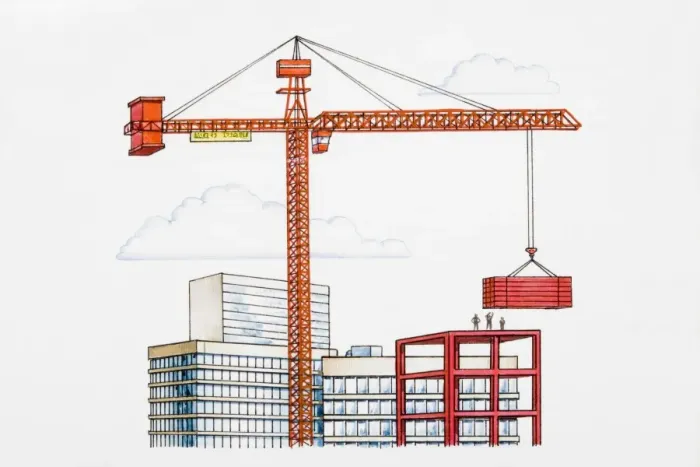 Framed Print : Crane lifting building materials above skyscrapers Framed Print : Crane lifting building materials above skyscrapers