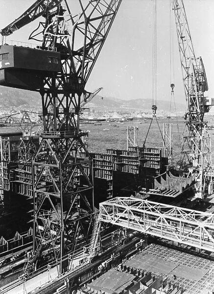 Cranes. 1965: A Japanese shipyard. (Photo by Express / Express / Getty Images)