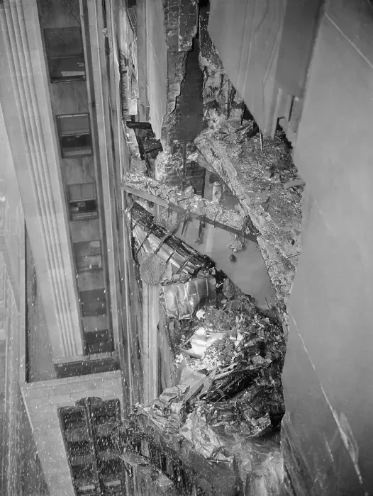Framed Print : Crashed Bomber Near Building Site Framed Print : Crashed Bomber Near Building Site