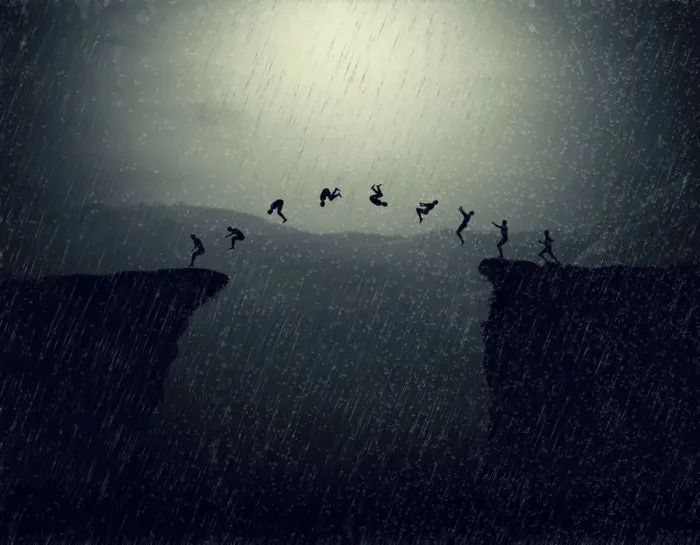Framed Print : Creative art man somersault on the cliff Framed Print : Creative art man somersault on the cliff