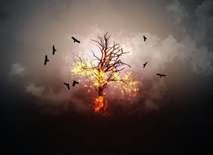 Framed Print : Creative burning tree with flying birds