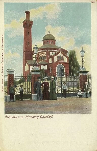 Crematorium in the district of Ohlsdorf, Hamburg, Germany, postcard with text, view around ca 1910, historical, digital reproduction of a historical postcard, public domain, from that time, exact date unknown