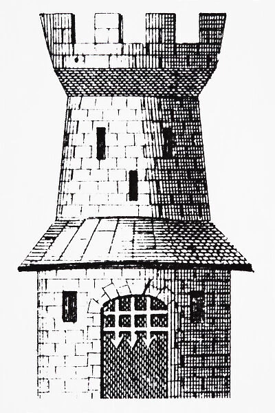Crenelated castle tower with portcullis, line drawing