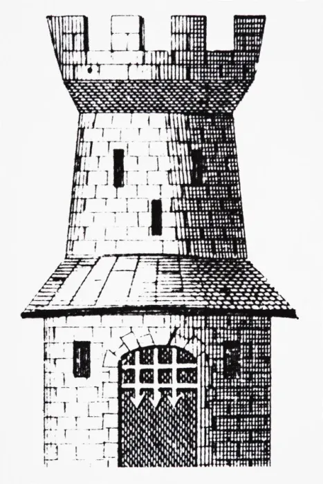 Framed Print : Crenelated castle tower with portcullis, line drawing Framed Print : Crenelated castle tower with portcullis, line drawing