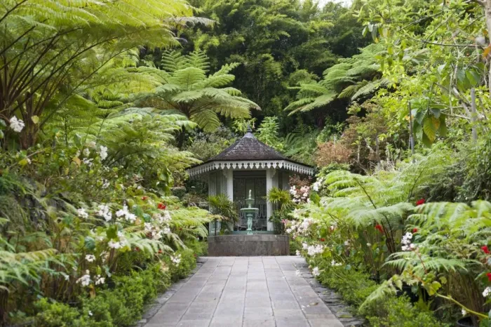 Framed Print : Creole architecture, garden with a fountain, gazebo, Maison Folio, tropical vegetation with Tree Ferns -Cyatheales-, Cirque de Salazie, Hell-Bourg, French Overseas Territory, La Reunion