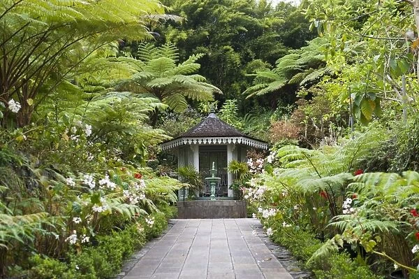 Creole architecture, garden with a fountain, gazebo, Maison Folio, tropical vegetation with Tree Ferns -Cyatheales-, Cirque de Salazie, Hell-Bourg, French Overseas Territory, La Reunion