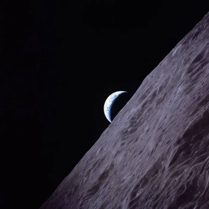 Framed Print : Crescent Earth rises above the lunar horizon in this picture from the Apollo 17 Framed Print : Crescent Earth rises above the lunar horizon in this picture from the Apollo 17