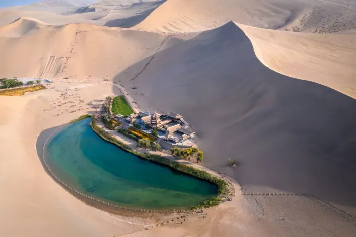 Framed Print : Crescent Lake with buddhist temple in Kumtag desert, Dunhuang, Gansu China Framed Print : Crescent Lake with buddhist temple in Kumtag desert, Dunhuang, Gansu China