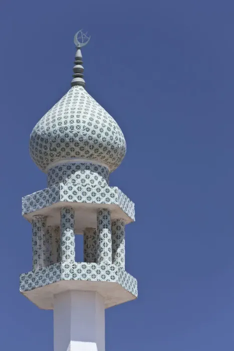 Framed Print : Crescent moon and a star at the top of a minaret, Sinaw, Ad Dakhiliyah, Oman