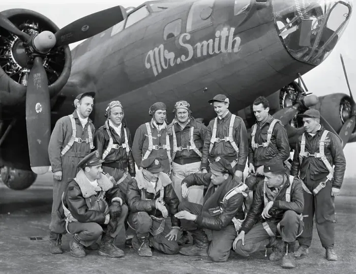 Framed Print : Crew Posing with Bomber Plane Framed Print : Crew Posing with Bomber Plane