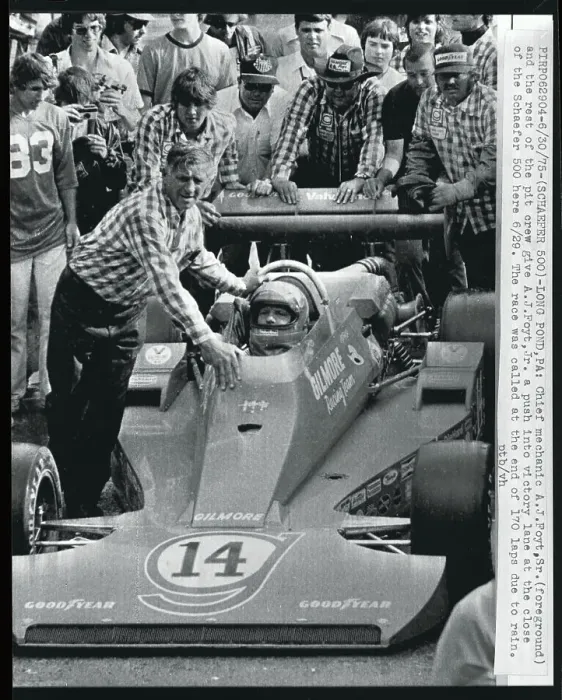 Framed Print : Crew Pushing A.J. Foyt's Car Framed Print : Crew Pushing A.J. Foyt's Car