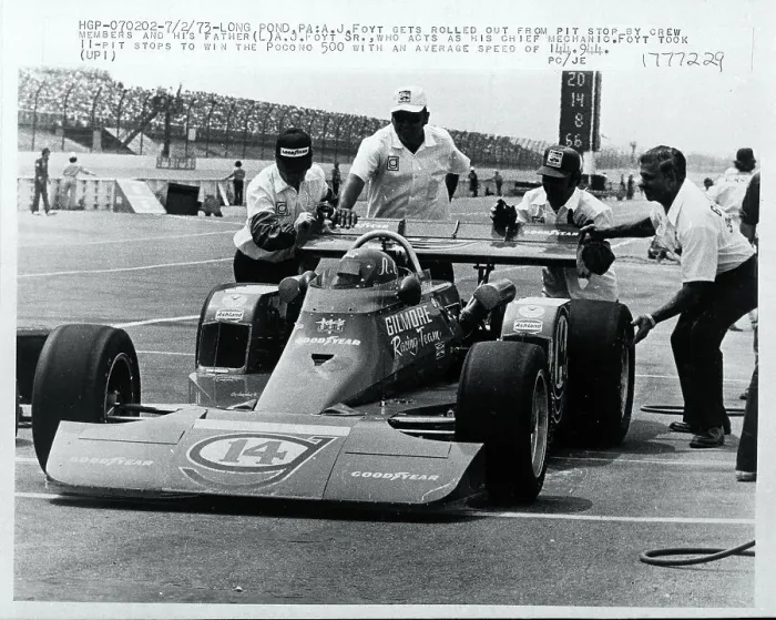 Framed Print : Crew Rolls A.J. Foyt Out From Pit Stop Framed Print : Crew Rolls A.J. Foyt Out From Pit Stop