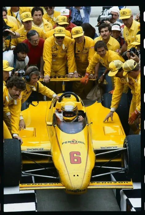 Framed Print : Crew Surrounding Rick Mears Car Framed Print : Crew Surrounding Rick Mears Car