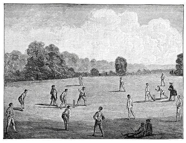Cricket. Vintage engraving showing a cricket match in Maryleboune Fields