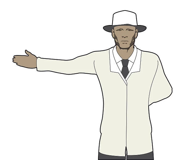 Cricket umpire signalling no ball, one arm pointing to side, other arm behind back