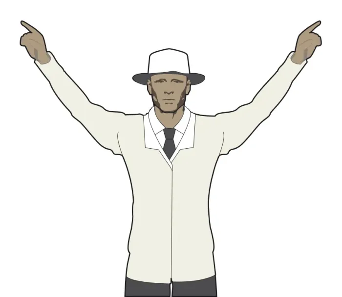 Framed Print : Cricket umpire signalling six runs, both hands pointing upward Framed Print : Cricket umpire signalling six runs, both hands pointing upward