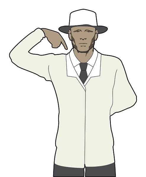 Cricket umpire signalling short run, one hand pointing towards shoulder, other hand behind back