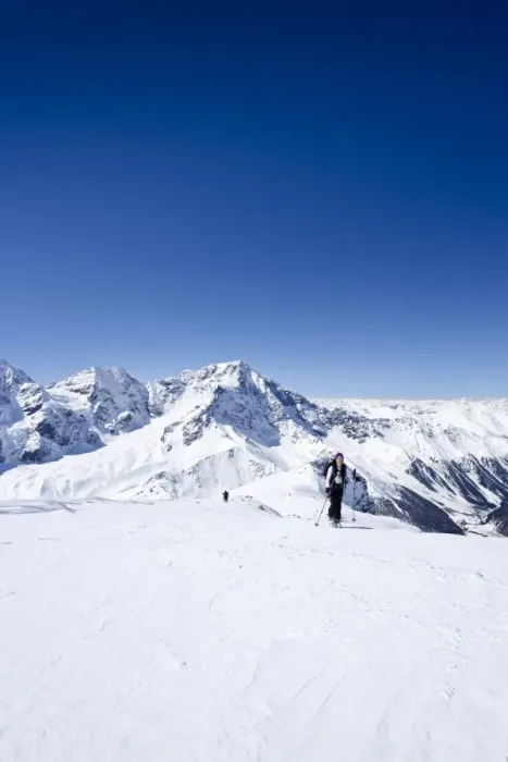 Framed Print : Cross-country skier ascending Hintere Schoentaufspitze Mountain, Solda, overlooking Ortler and Zebru Mountains, Alto Adige, Italy, Europe Framed Print : Cross-country skier ascending Hintere Schoentaufspitze Mountain, Solda, overlooking Ortler and Zebru Mountains, Alto Adige, Italy, Europe