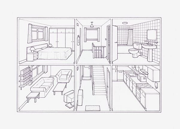 Cross section blueprint illustration of house showing rooms inside