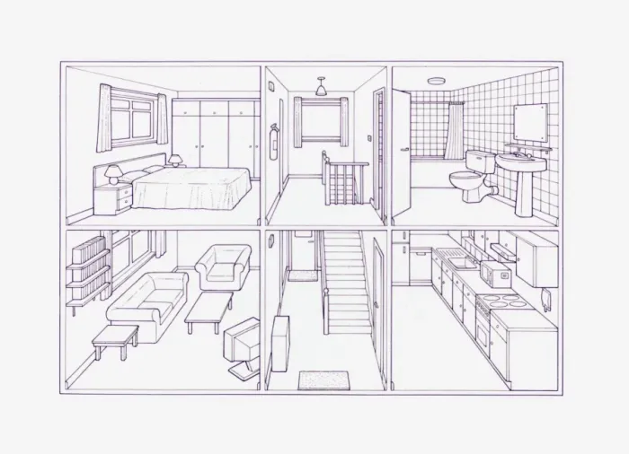 Framed Print : Cross section blueprint illustration of house showing rooms inside Framed Print : Cross section blueprint illustration of house showing rooms inside