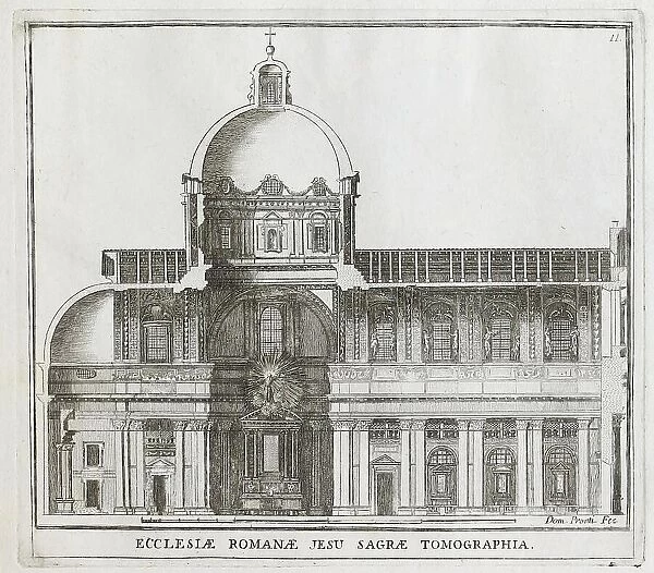 Cross-section of the Church of the Gesu, located in front of the Altieri Palace, historical Rome, Italy, digital reproduction of an original 17th century master, original date unknown