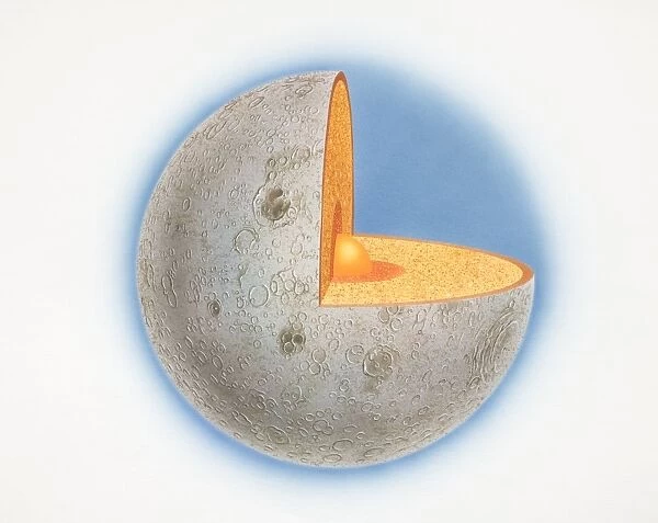 Cross-section diagram of the moon with quarter of sphere removed to illustrate subterranean layers of matter, front view