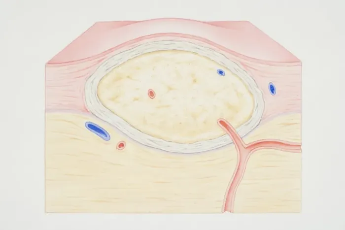 Framed Print : Cross-section diagram of a non-cancerous tumour including a fibrous capsule, tissue layer and blood vessel
