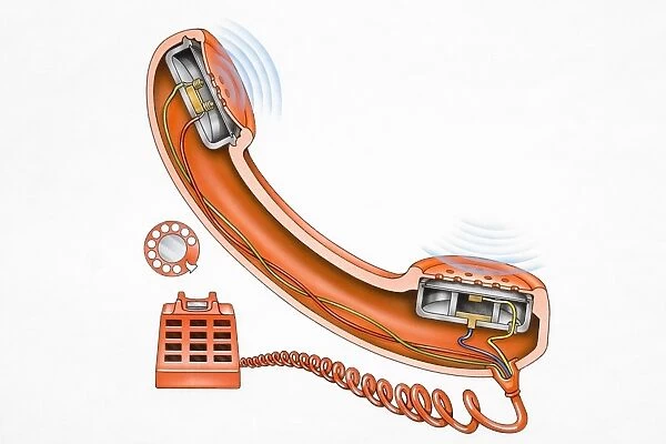 Cross-section diagram of telephone receiver connected to red button phone, rotary dial to the side