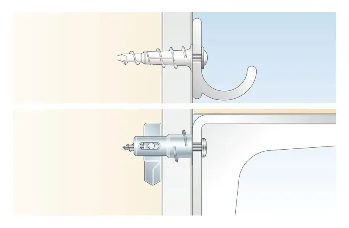 Framed Print : Cross section digital Illustration OF drive-in fixing, and metal toggle fixing inserted in wall Framed Print : Cross section digital Illustration OF drive-in fixing, and metal toggle fixing inserted in wall