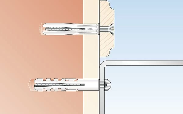 Cross section digital Illustration of general purpose and nylon wallplugs securing screws in solid wall through timber and metal