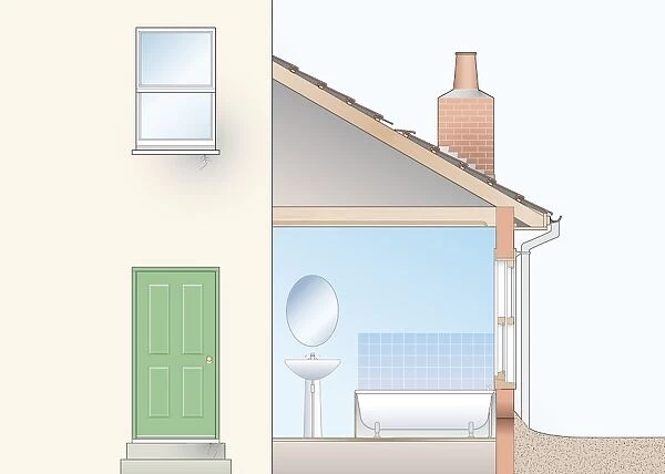 Cross section digital illustration of house showing potential trouble spots where damp usually occurs