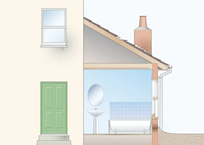 Framed Print : Cross section digital illustration of house showing potential trouble spots where damp usually occurs Framed Print : Cross section digital illustration of house showing potential trouble spots where damp usually occurs