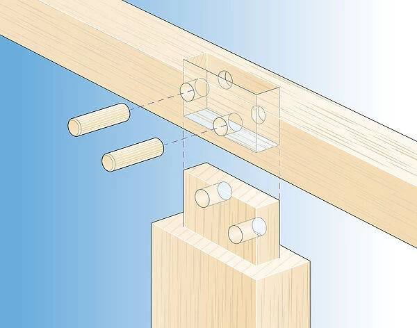 Cross section digital Illustration showing mortise and tenon joint