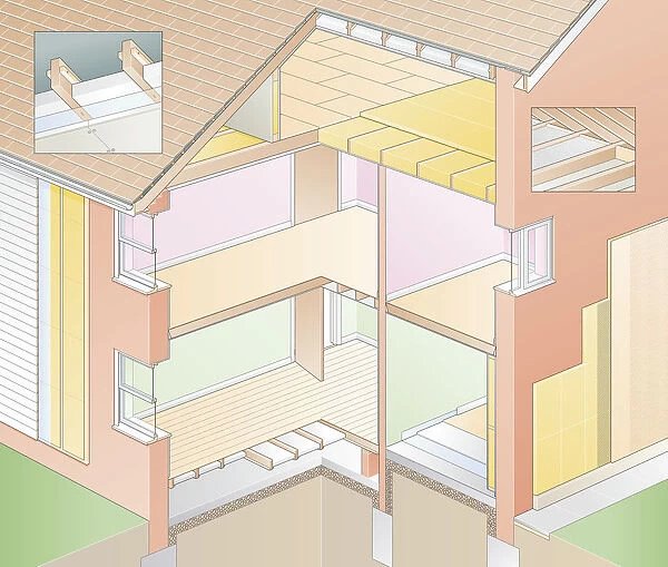 Cross section digital illustration showing key areas to insulate around house