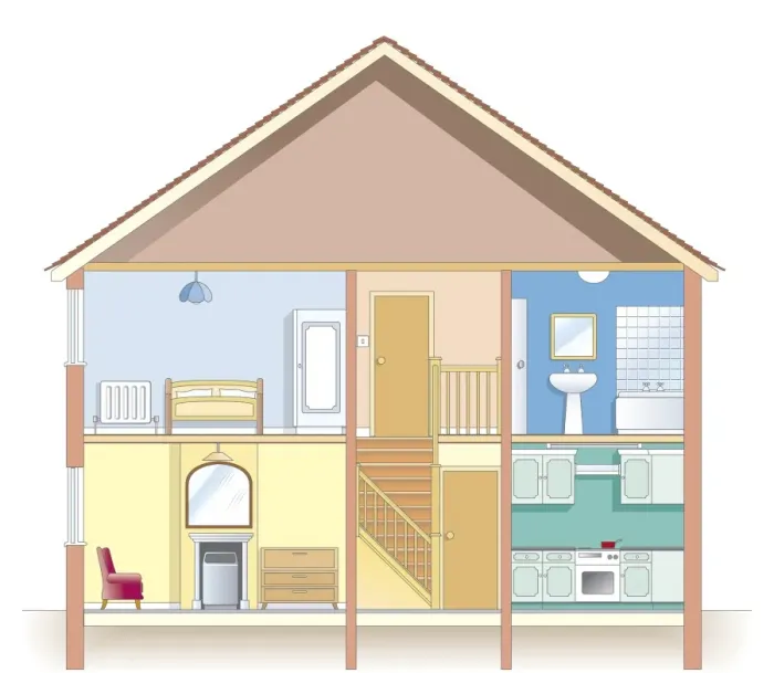 Framed Print : Cross section digital illustration showing places in house most at risk from condensation Framed Print : Cross section digital illustration showing places in house most at risk from condensation