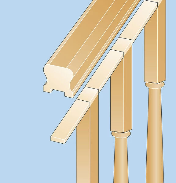 Cross section digital illustration of spacers which hold balusters in place on handrail