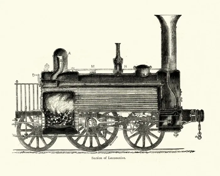 Framed Print : Cross section of an early steam locomotive train Framed Print : Cross section of an early steam locomotive train